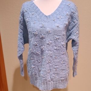 Hand Crafted Knitted Vintage Baby Blue Knit Sweater with Pearl Accents Size M/L